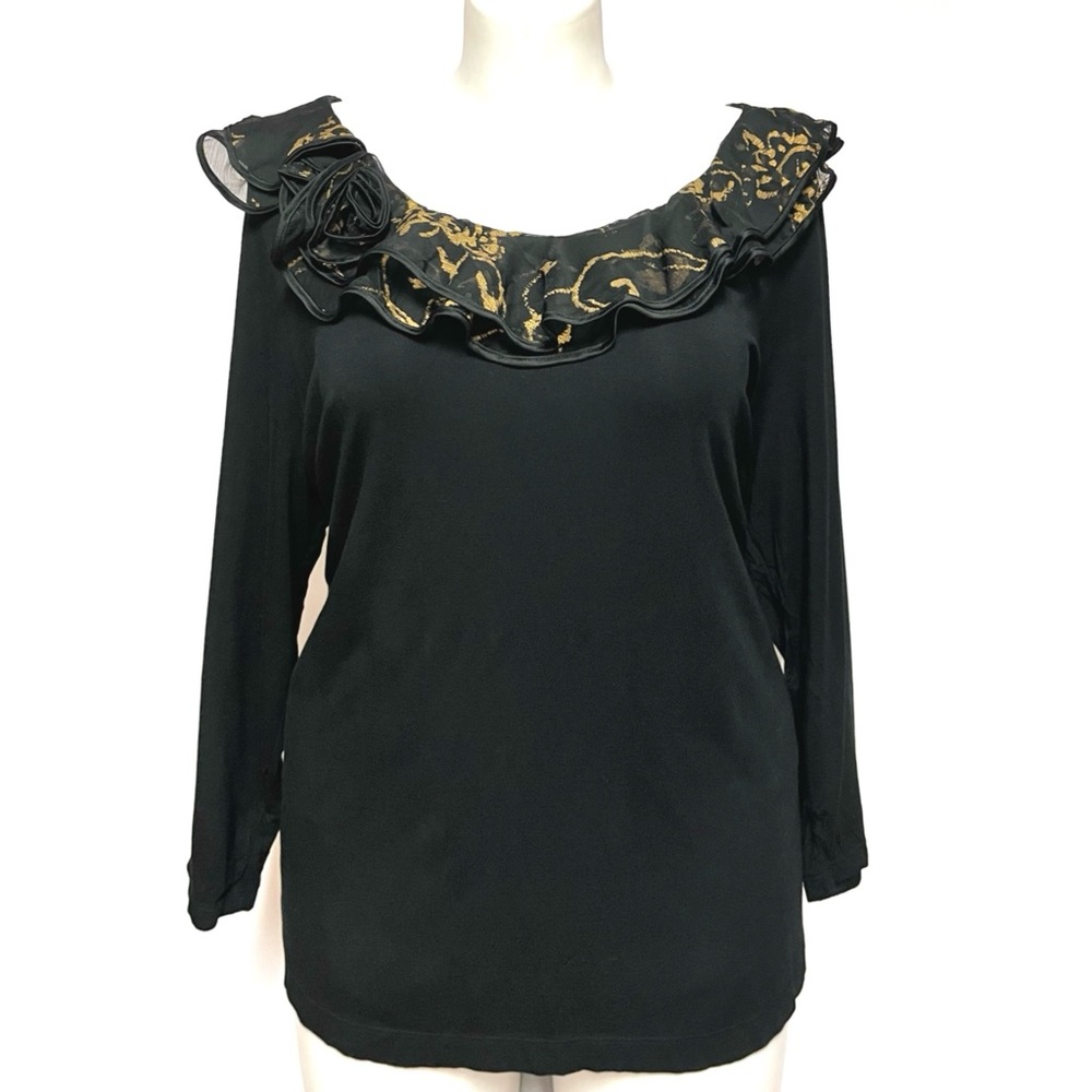 Ralph Lauren Top Ruffle Collar Gold Foil 3D Flower Womens Plus Size 3X VTG LRL